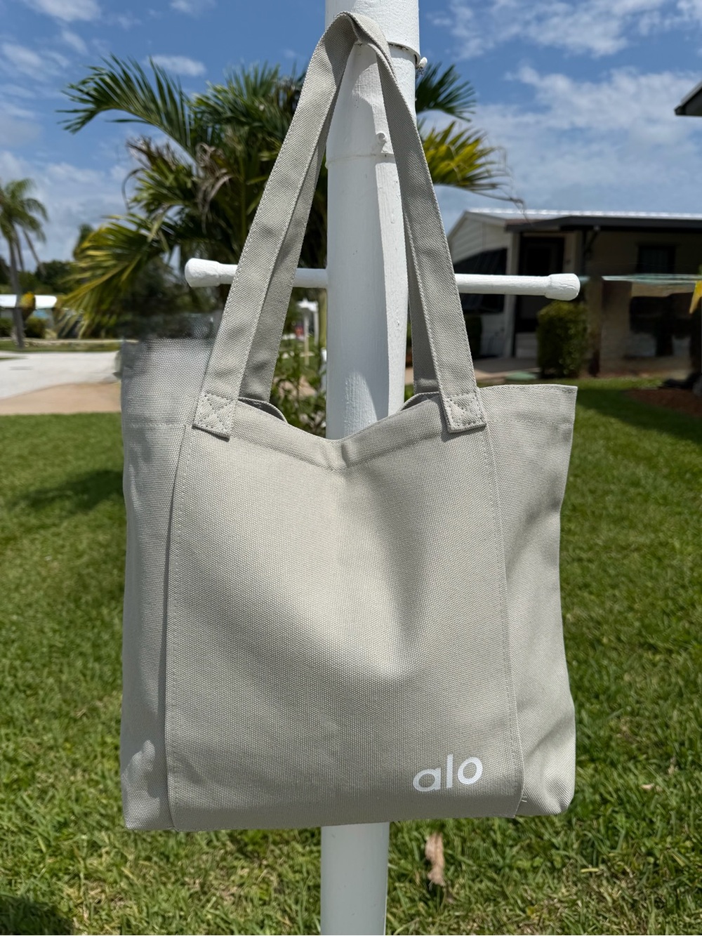 ALO Yoga Light Beige Canvas Tote with White Logo